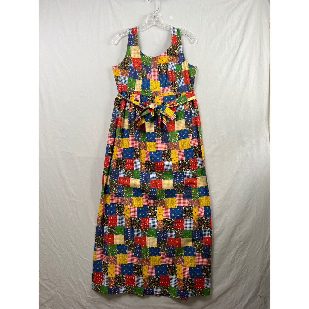 Vintage 70s Chas L Lewis Patchwork Maxi Dress Women 9/10 Floral Calico Gingham